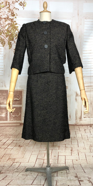 Classic Original 1950s Vintage Chocolate Brown Boucle Dress And Jacket Suit By Fred A Block