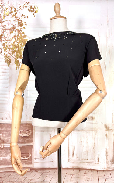 1940s Alice Stuart Black Rayon Blouse – Pearl and Soutache Beaded Detail