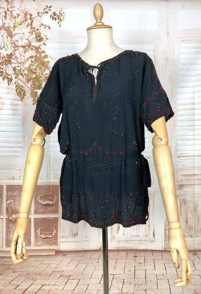 Exceptionally Rare Original 1920s Volup Navy Blue Flapper Blouse With Red Beading By French Couturier Adair House Of France