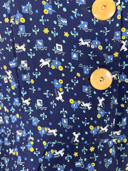 Fabulous Blue Novelty Horse And Carriage Print Volup 1940s Blazer