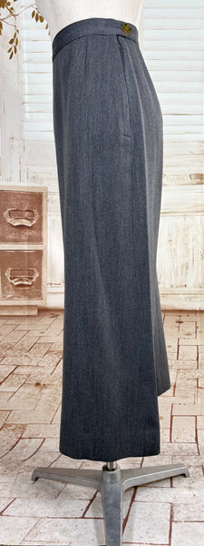 Sharply Tailored 1940s Grey Pinstripe Skirt Suit with Contrast Lapels