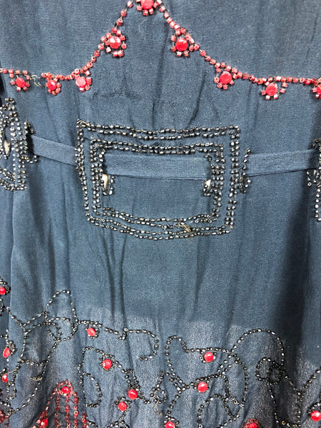 Exceptionally Rare Original 1920s Volup Navy Blue Flapper Blouse With Red Beading By French Couturier Adair House Of France