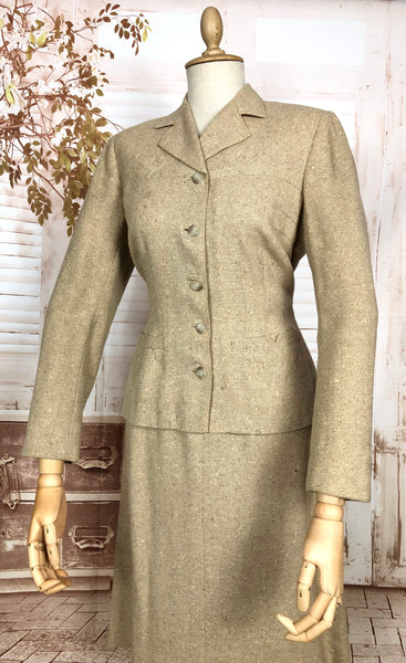 Wonderful Original 1940s Vintage Cream Lightweight Tweed Skirt Suit Tailoring