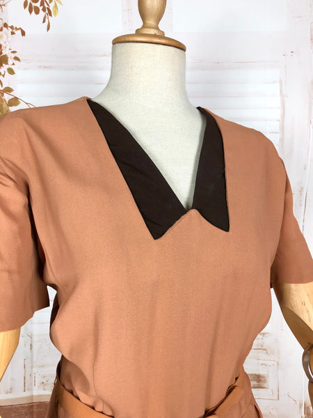 Incredible Original 1940s Volup Dress Suit In Tan With Chocolate Brown Accents