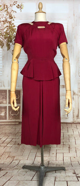 Stunning Original 1940s Vintage Red Peplum Cocktail Dress with Pearl Mock Necklace