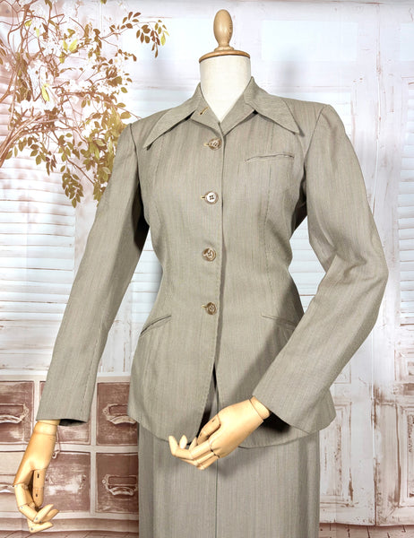 1940s Taupe Pinstripe Wool Skirt Suit – Spearpoint Collar Tailored Jacket