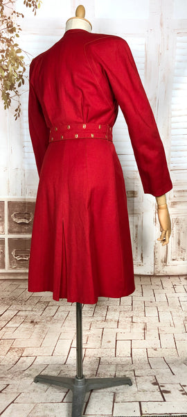 Exceptional Original 1940s Lipstick Red Coat By Gleneagles With Gold Studded Belt