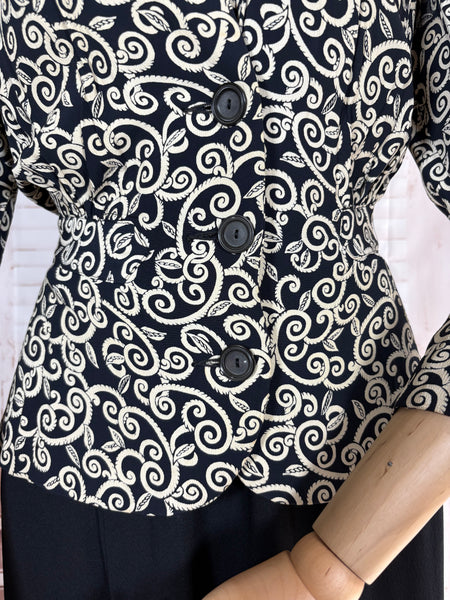 1940s Dress Suit – Scroll Print Jacket with Red Shoulder Stripe Dress