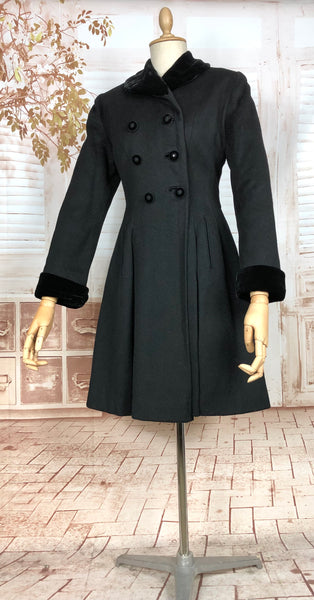 Fabulous Late 1940s Black Double Breasted Princess Coat With Belt Back