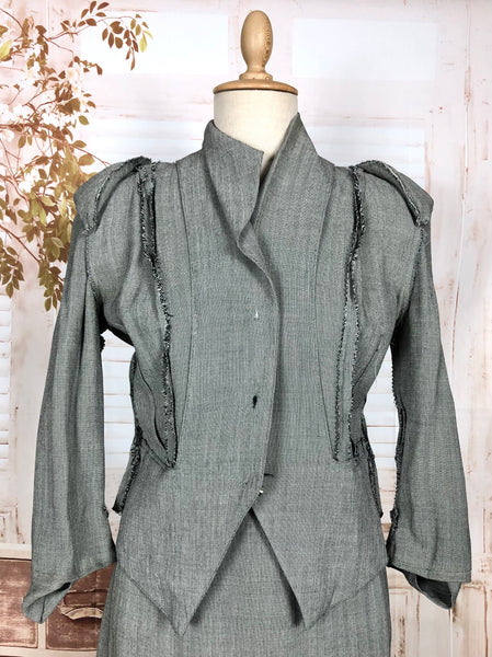 Stunning Grey 1940s Vintage Herringbone Skirt Suit With Statement Pockets By Cay Artley