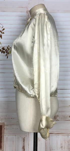 Stunning Original 1930s Vintage White Silk Satin Tie Neck Blouse