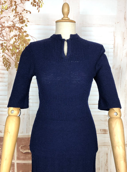 Cozy 1940s Royal Blue Knit Set with Geometric Detailing