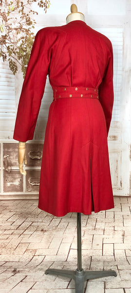 Exceptional Original 1940s Lipstick Red Coat By Gleneagles With Gold Studded Belt