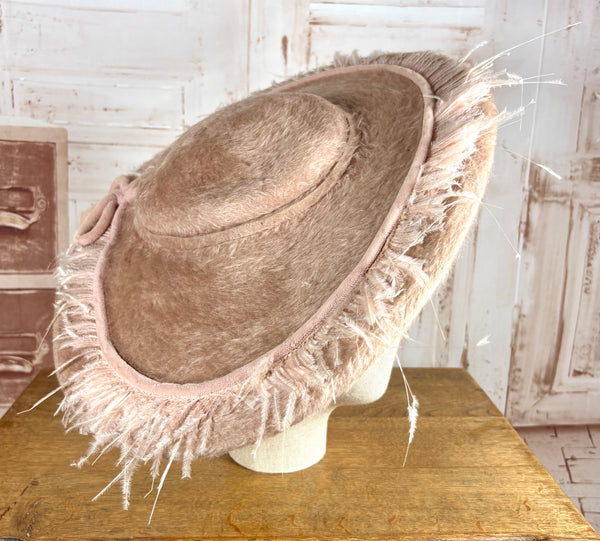 Huge Pale Pink Early 1950s Platter Hat With Feather Trim