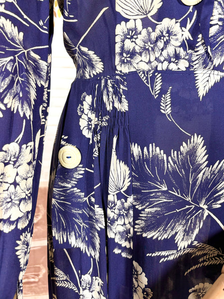 Navy Blue And White 1940s Day Dress With Large Floral Print