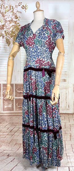 Late 1930s / Early 1940s Tiered Floral Day Dress with Velvet Trim