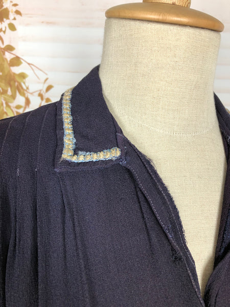 Fabulous Navy 1930s Dress With Puff Sleeves And Rouleau Trim