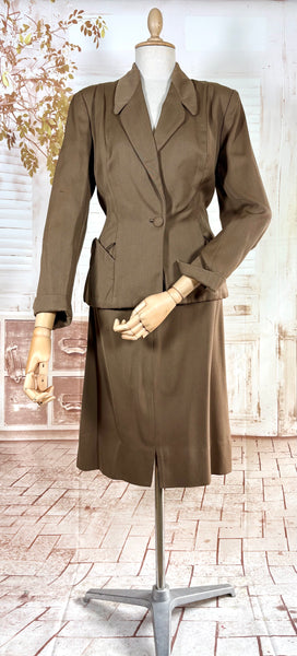 1940s Brown Gabardine Skirt Suit With Pocket Details