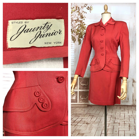 Incredible Original 1940s Vintage Coral Red Gabardine Skirt Suit By Jaunty Juniors