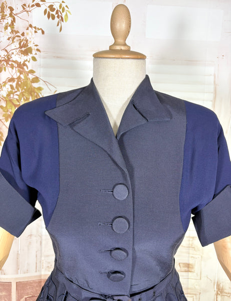 Exceptional 1940s Navy Blue Summer Suit With Pierced Peplum