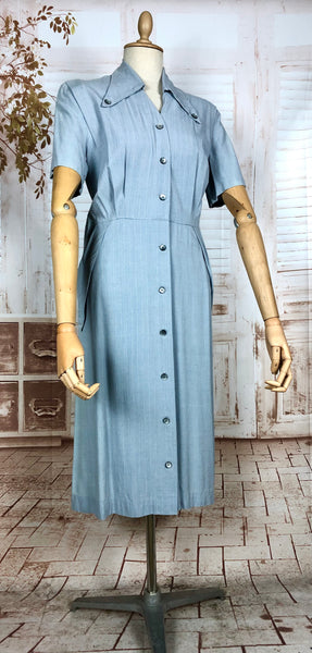 Original 1940s Volup Pinstriped Shirtwaister Dress With Sharp Dagger Collar