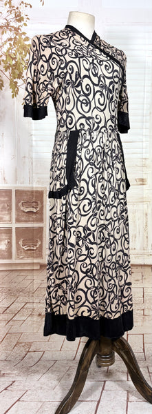 Fabulous 1930s Black And Cream Swirl Pattern Rayon Jersey Dress