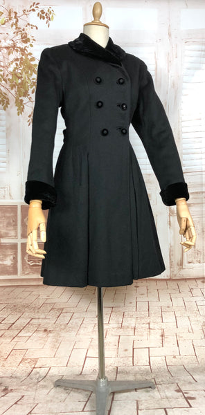 Fabulous Late 1940s Black Double Breasted Princess Coat With Belt Back