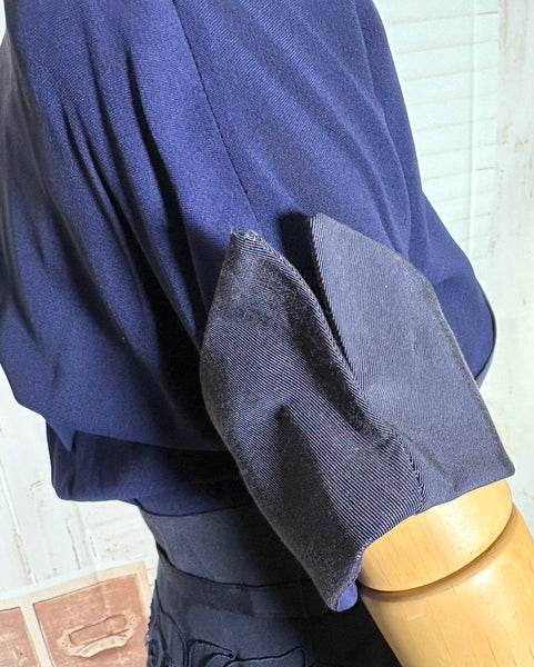 Exceptional 1940s Navy Blue Summer Suit With Pierced Peplum