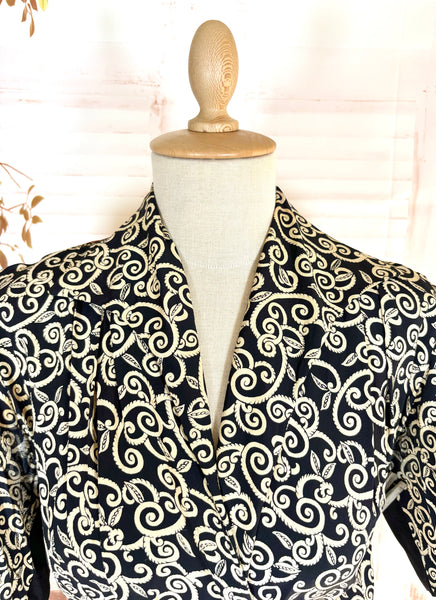 1940s Dress Suit – Scroll Print Jacket with Red Shoulder Stripe Dress