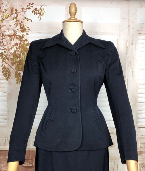 Wonderful Original 1940s Vintage Classic Navy Blue Skirt Suit With Pocket Details