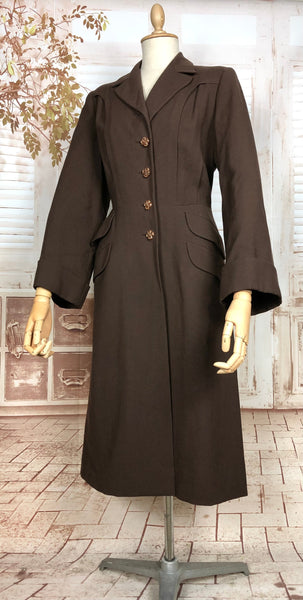 LAYAWAY PAYMENT 1 OF 4 - RESERVED FOR SARA - Wonderful Classic 1940s Original Vintage Wartime Chocolate Brown Belt Back Princess Coat With Dinner Plate Double Elevens Utility Label