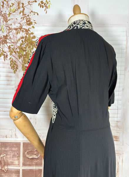 1940s Dress Suit – Scroll Print Jacket with Red Shoulder Stripe Dress