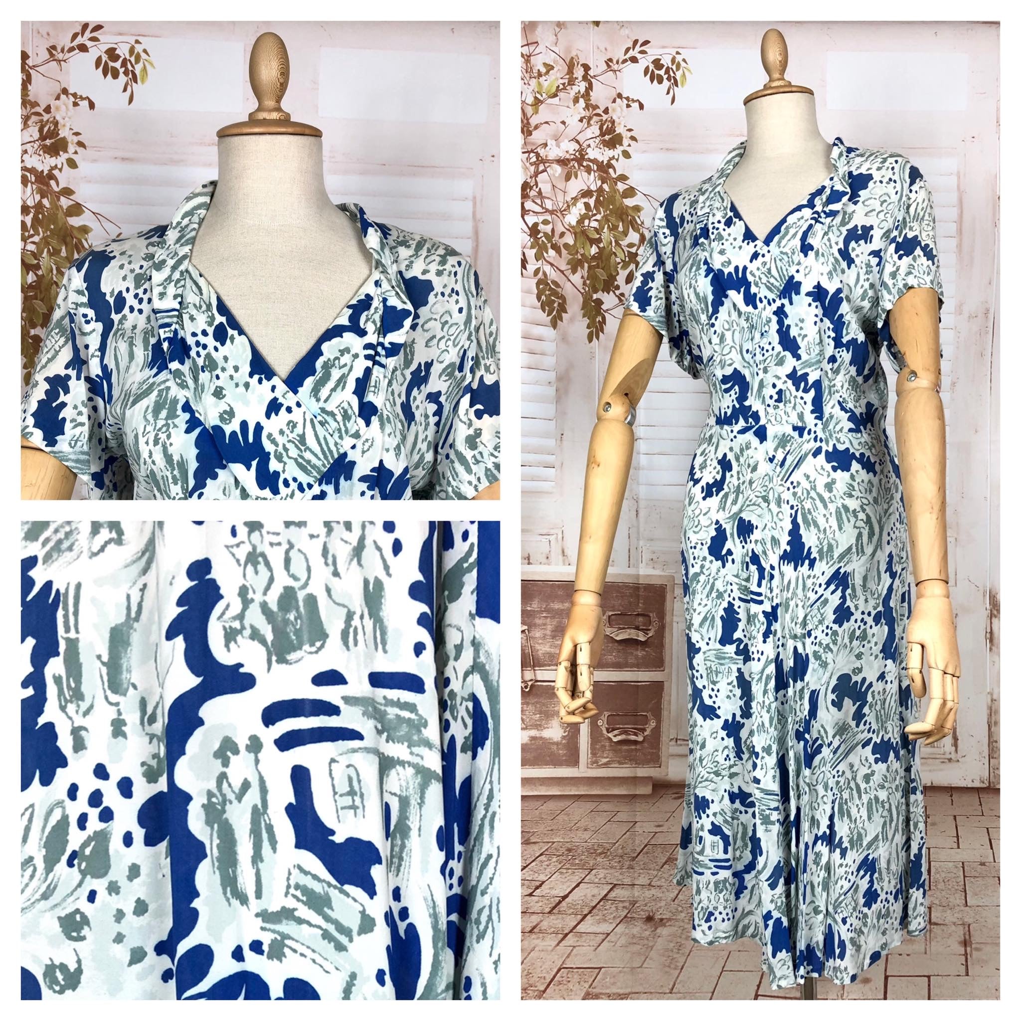 Wonderfully Vibrant Original 1940s Vintage Abstract Novelty Print Blue And White Rayon Dress