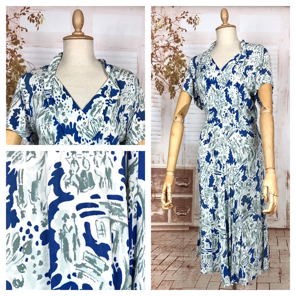 Wonderfully Vibrant Original 1940s Vintage Abstract Novelty Print Blue And White Rayon Dress