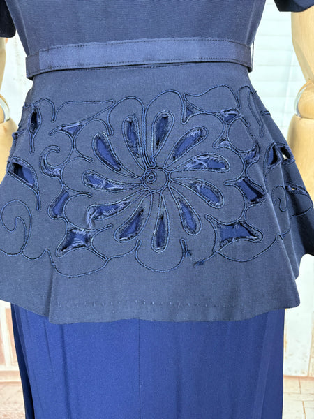 Exceptional 1940s Navy Blue Summer Suit With Pierced Peplum