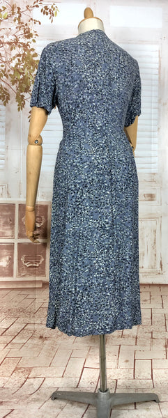 Beautiful Original 1940s Vintage Smokey Blue Novelty Swallow Bird Print Cold Rayon Dress