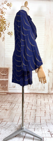 1930s Royal Blue Gold Lamé Chevron Coat | Statement Sleeve Antique Evening Coat