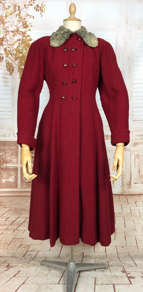 Incredible Original 1940s Red Princess Coat With Astrakhan Collar