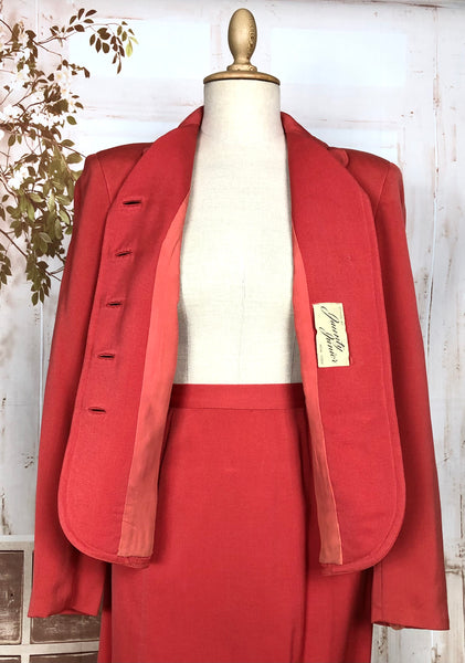 Incredible Original 1940s Vintage Coral Red Gabardine Skirt Suit By Jaunty Juniors