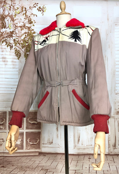 Super Rare Original 1940s Volup Vintage Grey And Red Gabardine Ski Jacket