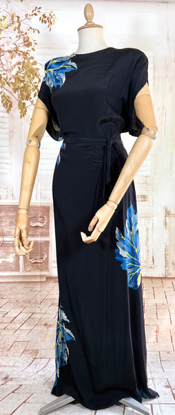 Exceptional 1940s Rayon Full Length Hawaiian Dress With Large Tropical Print