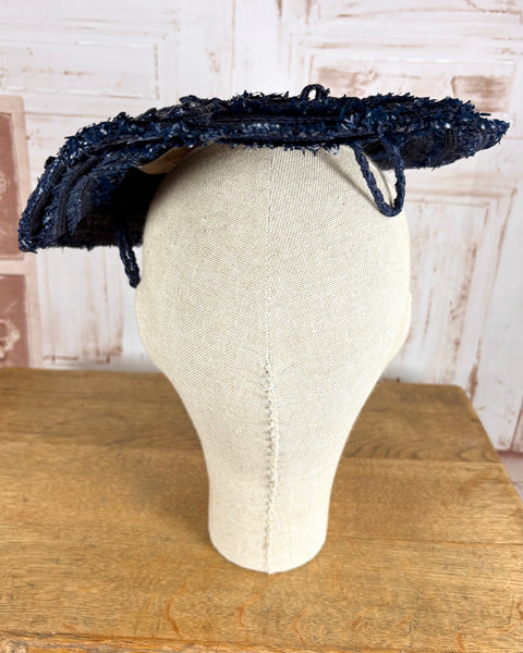 Navy Blue 1940s Straw Percher Hat With Matching Hat Pins
