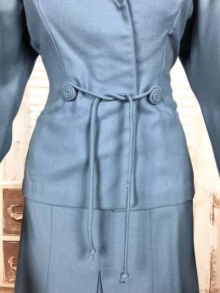 Stunning Periwinkle Blue 1940s Suit With Rouleau Waist Tie