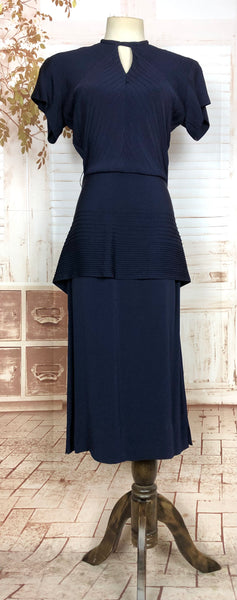 Amazing Original 1940s Vintage Navy Blue Peplum Dress With Incredible Pin Tuck Details