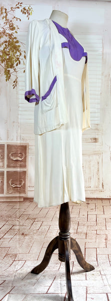 Rare White And Purple Colour Block 1930s Dress And Jacket Set