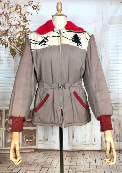 Super Rare Original 1940s Volup Vintage Grey And Red Gabardine Ski Jacket