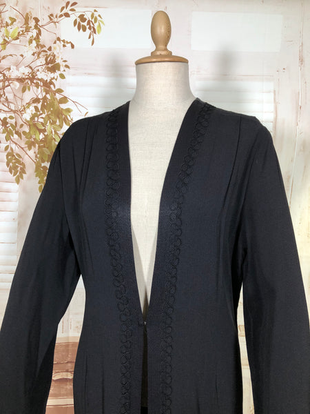 Classic Lightweight 1930s Black Crepe Coat With Soutache Trim