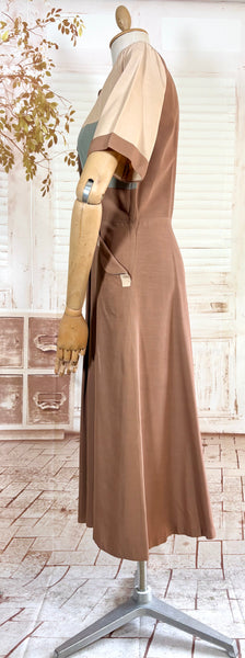 1940s Colour Block Day Dress in Mocha, Cream & Dusty Blue