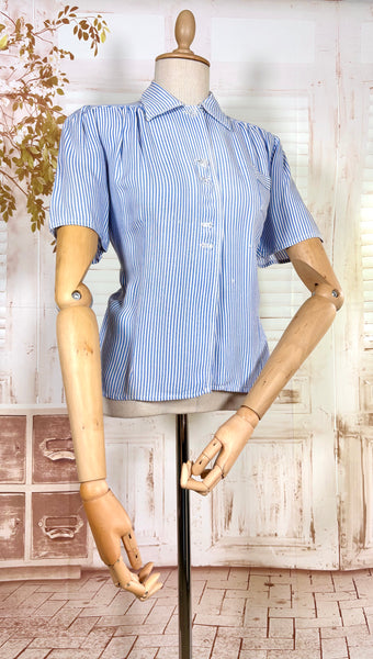 1940s Volup Blue & White Striped Blouse – Gathered Shoulders & Cross-Cut Patch Pocket