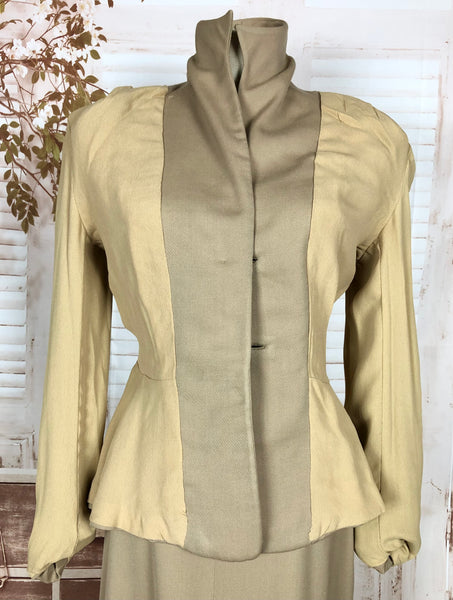 Fabulous Original 1940s Vintage Tan Beige Gabardine Peplum Skirt Suit